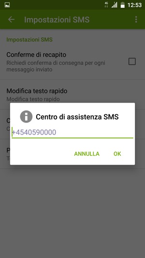 Inserisci il numero di Centro di assistenza SMS e seleziona OK