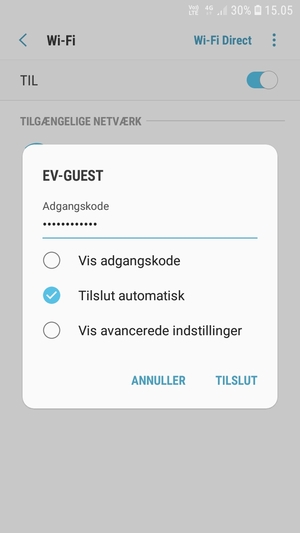Indtast Wi-Fi adgangskoden og vælg TILSLUT