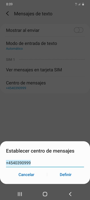 Introduzca el número de Centro de mensajes y seleccione Definir