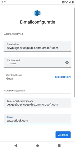 Voer Gebruikersnaam en Exchange serveradres in. Selecteer Volgende