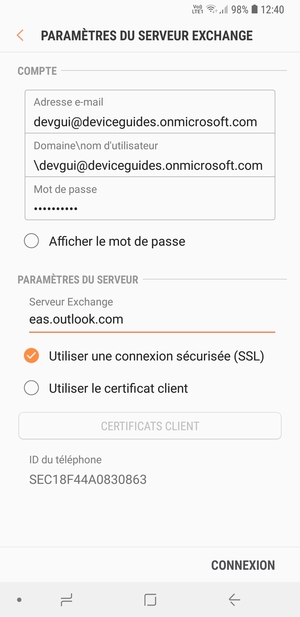 Saisissez votre Nom d'utilisateur et l'adresse du serveur Exchange. Sélectionnez CONNEXION