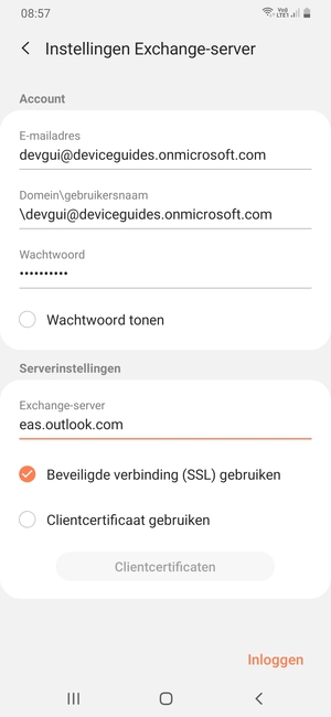 Voer Gebruikersnaam en Exchange serveradres in. Selecteer Inloggen