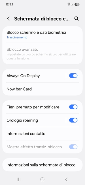 Seleziona Blocco schermo e dati biometrici