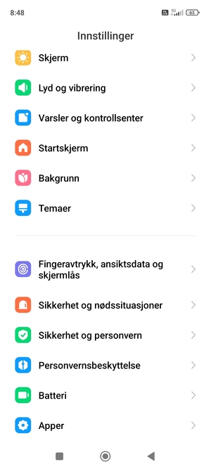 Bla til og velg Fingeravtrykk, ansiktsdata og skjermlås