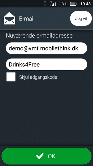 Indtast din e-mailadresse og adgangskode. Vælg OK