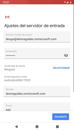 Introduzca Nombre de usuario y la dirección de servidor Exchange. Seleccione SIGUIENTE