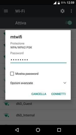 Inserisci la password del Wi-Fi e seleziona CONNETTI