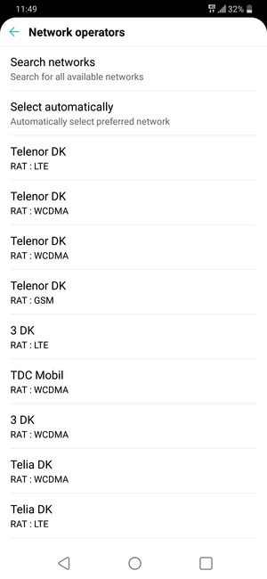 Select a network operator from the list