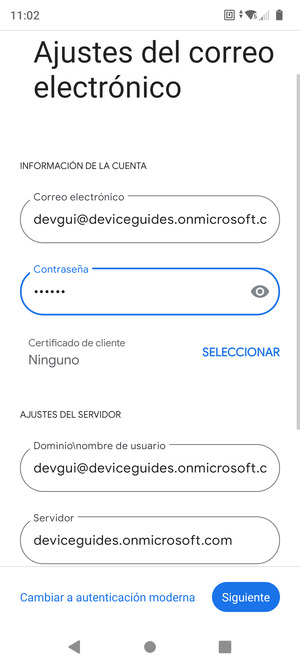 Introduzca Nombre de usuario y la dirección de servidor Exchange. Seleccione Siguiente