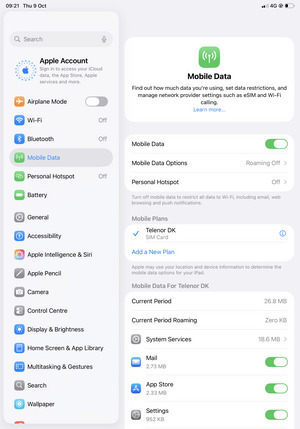 To change the PIN for the SIM card, select Mobile Data and select the Information icon
