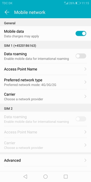 Scroll to SIM 1 or SIM 2 and select Access Point Name