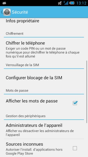 Pour modifier le code PIN de la carte SIM, retournez dans le menu Securité et sélectionnez Configurer blocage de la SIM