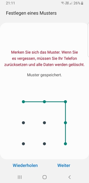 Zeichnen Sie ein Entsperrmuster und wählen Sie Weiter
