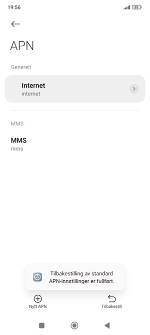 Telefonen din vil tilbakestilles til standard internett-og MMS-innstillinger
