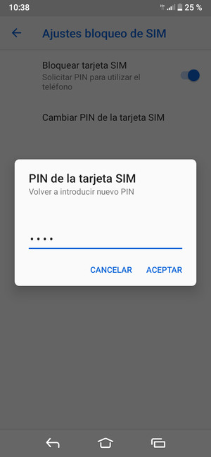 Confirme su nuevo PIN de tarjeta SIM y seleccione ACEPTAR
