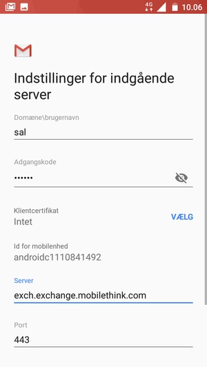 Indtast Brugernavn og Exchange serveradresse