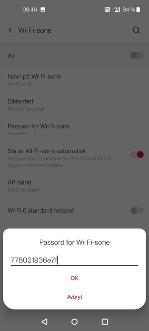 Skriv inn et Wi-Fi hotspot-passord på minst 8 tegn og velg OK