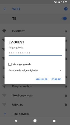 Indtast Wi-Fi adgangskoden og vælg FORBIND