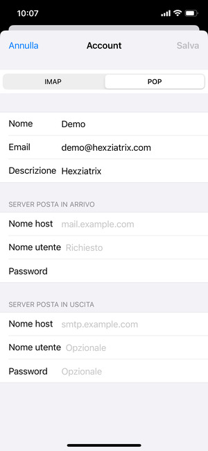 Seleziona POP o IMAP e inserisci le informazioni email per SERVER POSTA IN ARRIVO