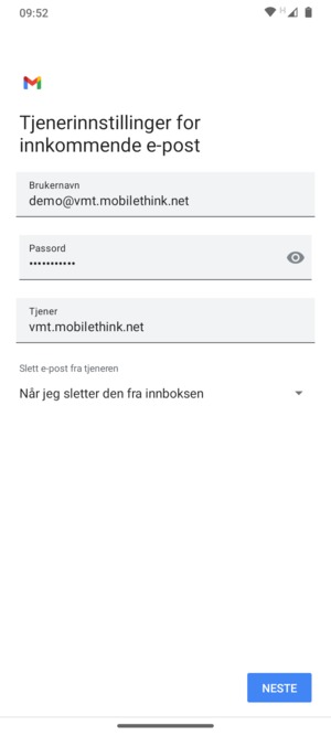 Skriv inn Brukernavn og innkommende serveradresse. Velg NESTE