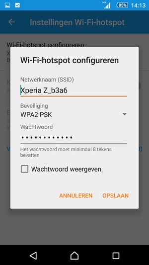 Voer een wachtwoord van een WiFi-hotspot in van ten minste 8 tekens en selecteer OPSLAAN