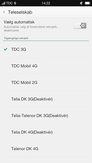 Vælg en netværksudbyder fra listen