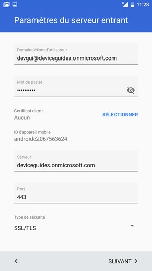 Saisissez votre Nom d'utilisateur et l'adresse du serveur Exchange. Sélectionnez SUIVANT