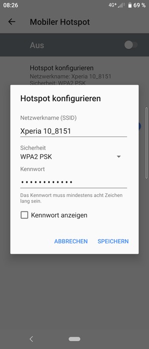 Geben Sie eine WLAN-Hotspot-Passwort mit mindestens 8 Zeichen ein und wählen Sie SPEICHERN