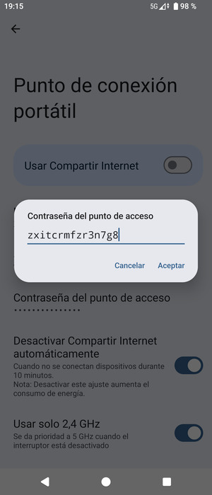 Introduzca una contraseña de punto de acceso Wi-Fi de al menos 8 caracteres y seleccione Aceptar