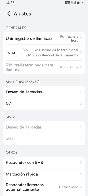 Desplácese a SIM 1 o SIM 2 y seleccione Más
