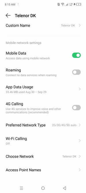 Scroll to and select Preferred Network Type