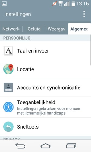 Selecteer Algemeen en Accounts en synchronisatie