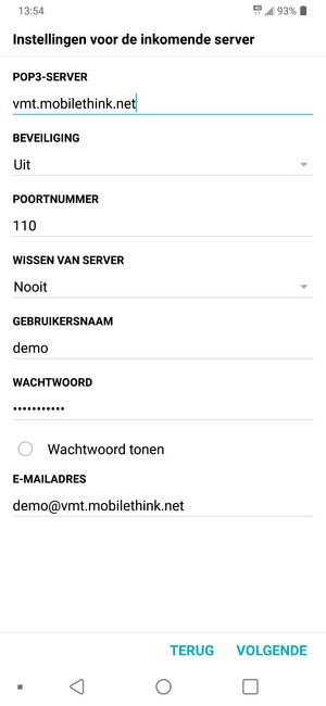 Voer inkomende serveradres en Gebruikersnaam in. Selecteer VOLGENDE