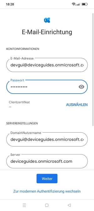 Geben Sie Benutzername und Exchange Server-Adresse ein. Wählen Sie Weiter