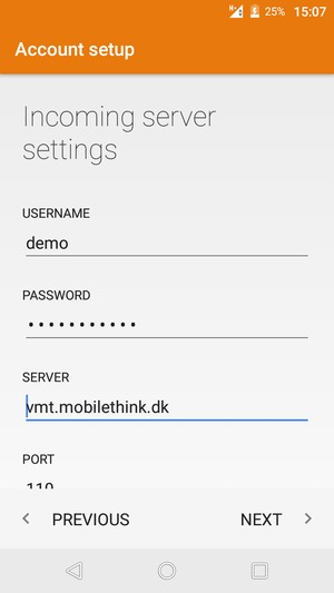 Enter Username and Incoming server address. Select NEXT