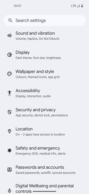 Scroll to and select Security and privacy
