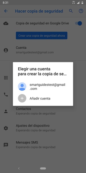 Seleccione su cuenta de copia de seguridad