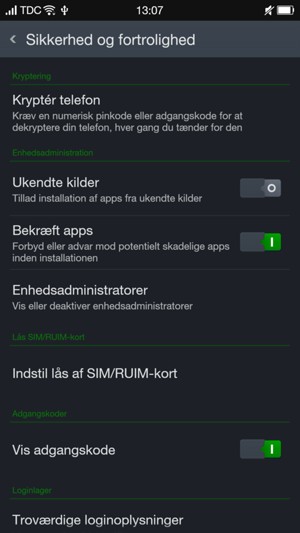 For at ændre PIN-koden til sim-kortet, vend tilbage til menuen Sikkerhed og fortrolighed og vælg Indstil lås af SIM/RUIM-kort