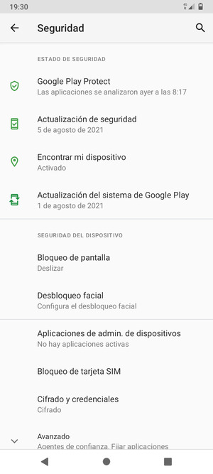 Para activar su bloqueo de pantalla, vaya al menú Seguridad y seleccione Bloqueo de pantalla
