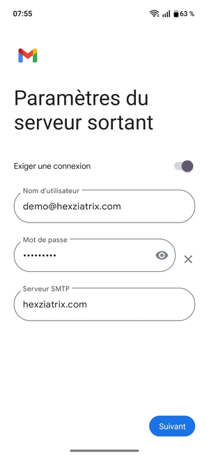 Saisissez l'adresse du serveur sortant et sélectionnez Suivant