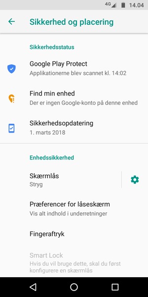 For at aktivere din skærmlås, gå til menuen Sikkerhed og placering og vælg Skærmlås
