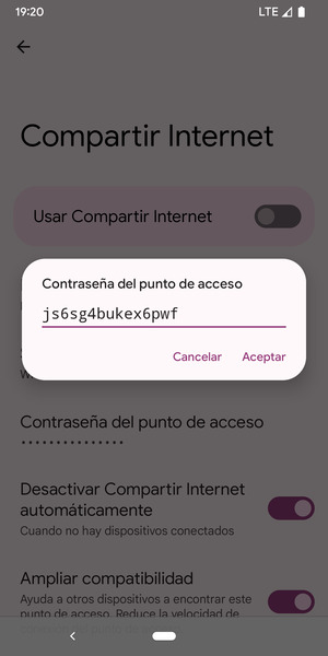Introduzca una contraseña de punto de acceso Wi-Fi de al menos 8 caracteres y seleccione Aceptar
