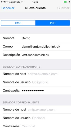 Seleccione POP o IMAP e introduzca la información de correo electrónico para SERVIDOR CORREO ENTRANTE