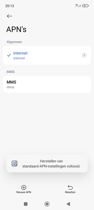 Uw telefoon wordt teruggezet naar standaard internet- en mms-instellingen