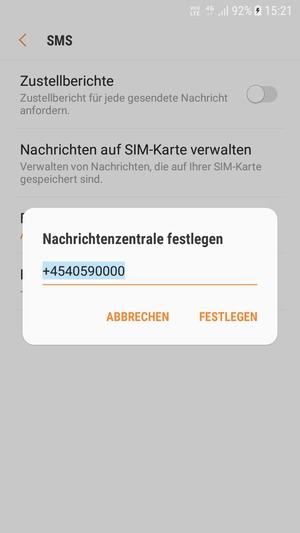 Geben Sie die Nachrichtenzentrale Nummer ein und wählen Sie FESTLEGEN