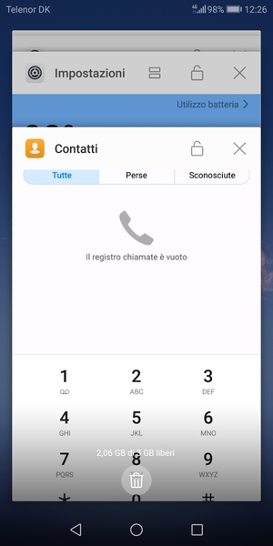 Seleziona l'icona Elimina per chiudere tutte le applicazioni in esecuzione