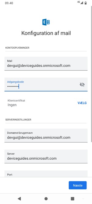 Indtast Brugernavn og Exchange serveradresse. Vælg Næste