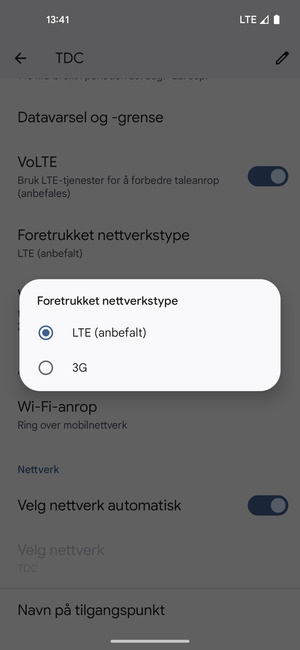 Velg ønsket alternativ