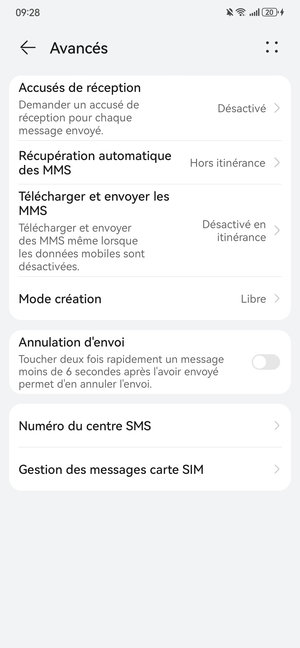 Sélectionnez Numéro du centre SMS