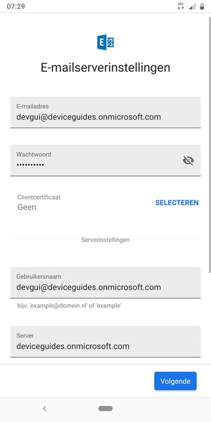 Voer Gebruikersnaam en Exchange serveradres in. Selecteer Volgende
